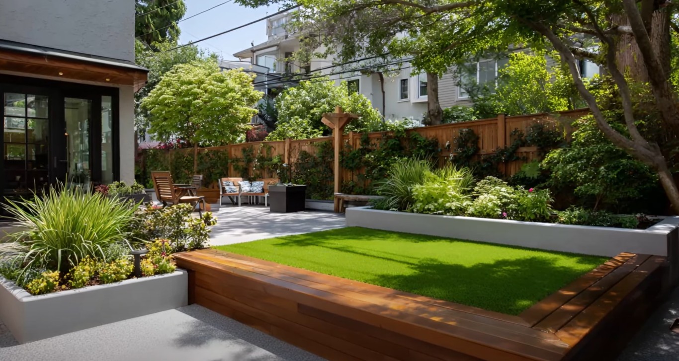 Beautiful backyard landscape design with wooden deck and lush greenery in Oakley, CA