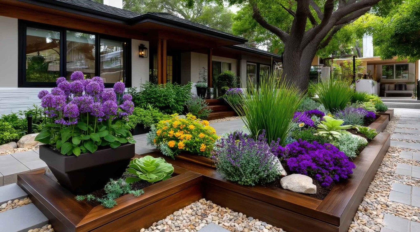 Vibrant front yard garden with colorful flowers and modern landscaping in Oakley, CA