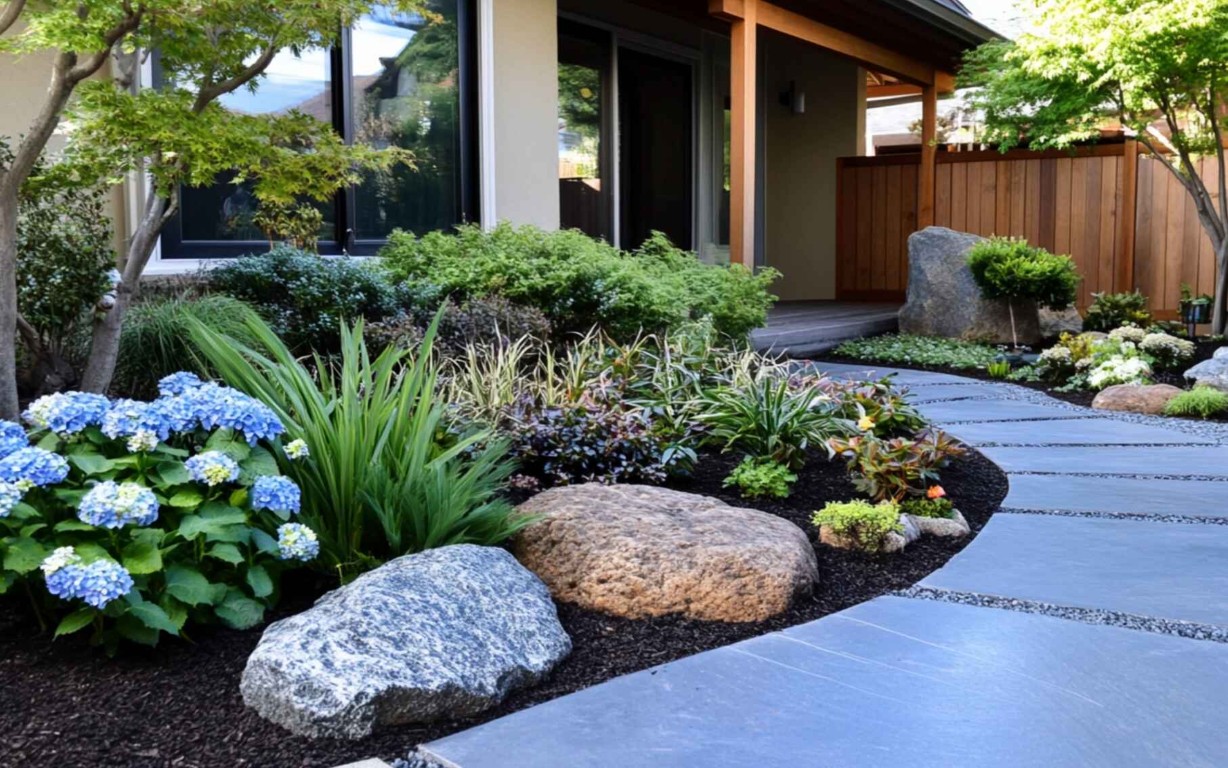 Front yard landscaping with native plants and decorative rocks in Oakley, CA